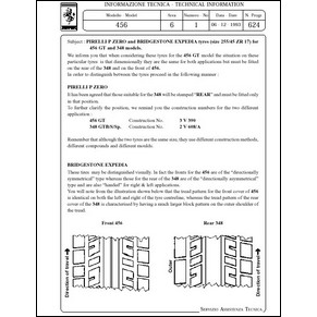 1993 Ferrari technical information n°0624 456 (Pirelli P zero and Bridgestone Expedia tyres (size 255/45 ZR 17) for 456 GT and 348 models) (reprint)