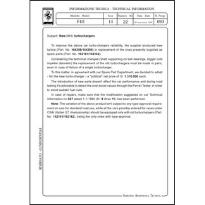 1995 Ferrari technical information n0693 F40 (New I.H.I. turbochargers) (reprint)