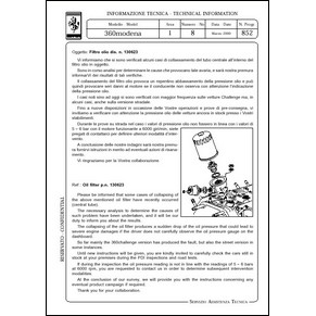 2000 Ferrari technical information n0852 360 Modena (Oil filter p.n. 130623) (reprint)