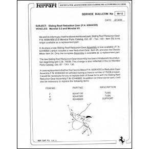 1989 Ferrari service bulletin USA 90-12 Mondial 3.2 and Mondial 4V / sliding roof reduction gear (reprint)