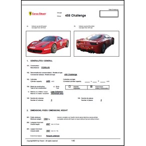 2010 Ferrari 458 Challenge homologation sheet F.F.S.A. (reprint)