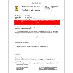 2013 Ferrari technical information USA n°2065 FF (F151) (Improving accessibility to battery conditioner connector) (reprint)