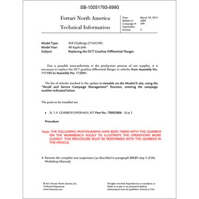 2013 Ferrari technical information USA n°2089 458 Challenge (F142CHP) (Replacing the DCT Gearbox Differential Flanges) (reprint)