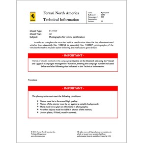 2016 Ferrari technical information USA n°2345 F12 TdF (Photographs for vehicle certification) (reprint)