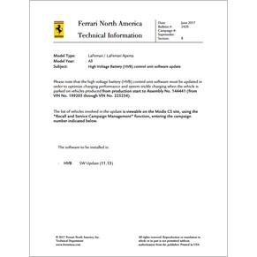 2017 Ferrari technical information USA n°2420 LaFerrari /LaFerrari Aperta (High Voltage Battery (HVB) control unit software update) (reprint)