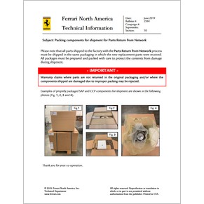 2019 Ferrari technical information USA n°2594 (Packing components for shipment for Parts Return from Network) (reprint)