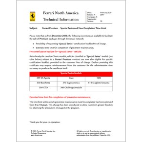 2020 Ferrari technical information USA n°2647 (Ferrari Premium – Special Series and New Completion Time Limit) (reprint)