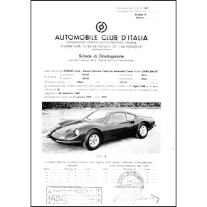 1967 Ferrari Dino 206 GT homologation sheet C.S.A.I. (Scheda di omologazione) (reprint)