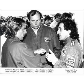 Press photo 1986 McLaren / Ron Dennis / Keke Rosberg / Alain Pr