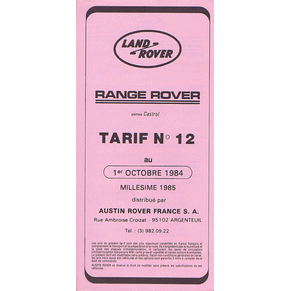 Price list Land Rover 1985